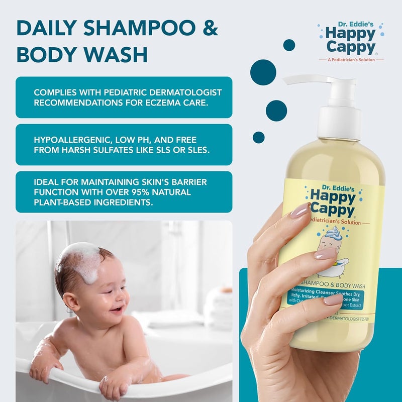 Happy Cappy حزمة حل العناية بالبشرة ثلاث خطوات - شامبو قشرة الرأس للأطفال، غسول الجسم للأكزيما وكريم مرطب للأطفال والصغار، يقلل من الحكة، مختبر من قبل أطباء الجلد، خالي من العطور - Image 5